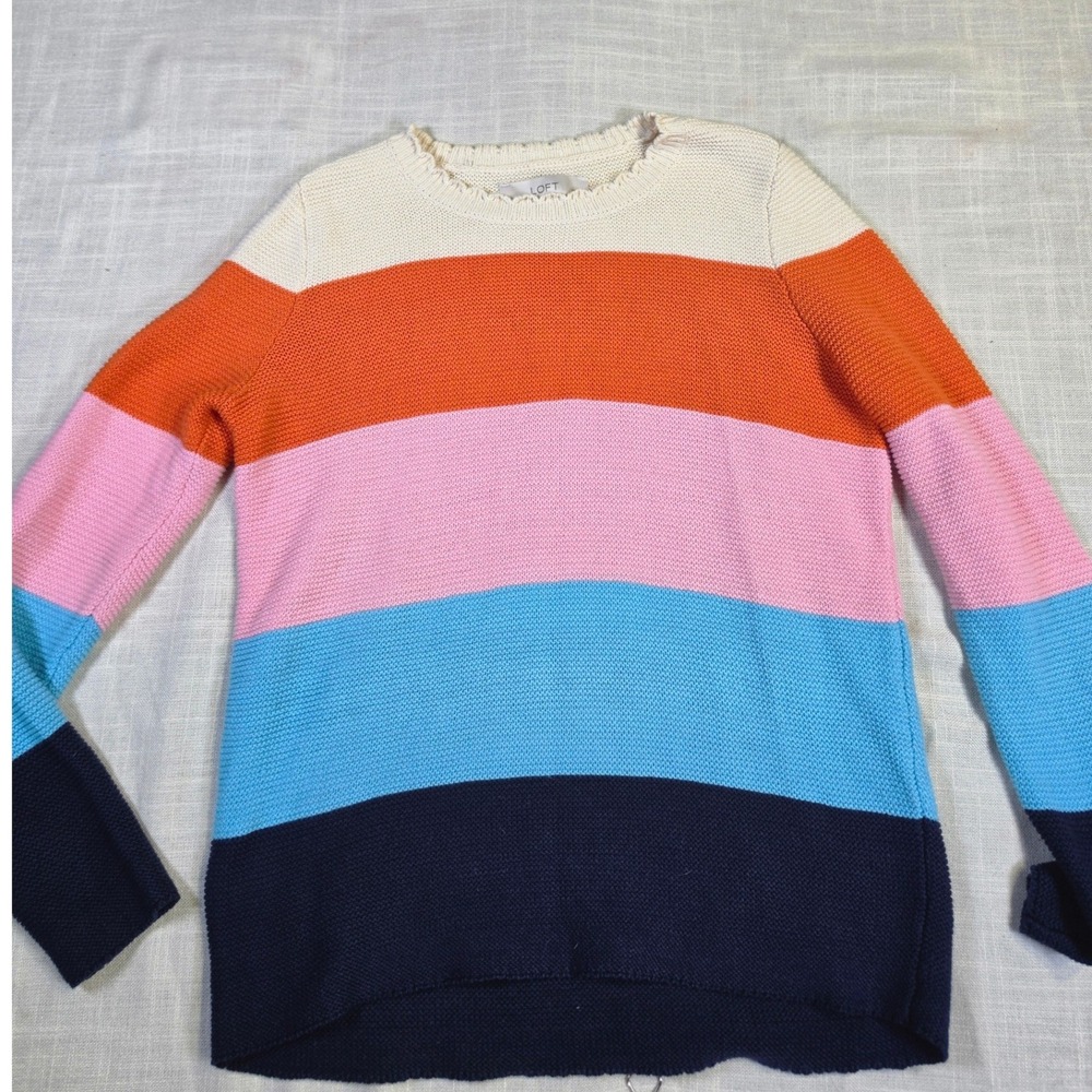 Loft Petites Multi Color Stripe Knit Sweater Crew Neck Distressed Trim SP 0650